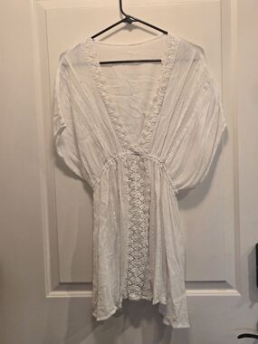 White Crochet Trim V-Neck Tunic Dress Or Swim Cover-up